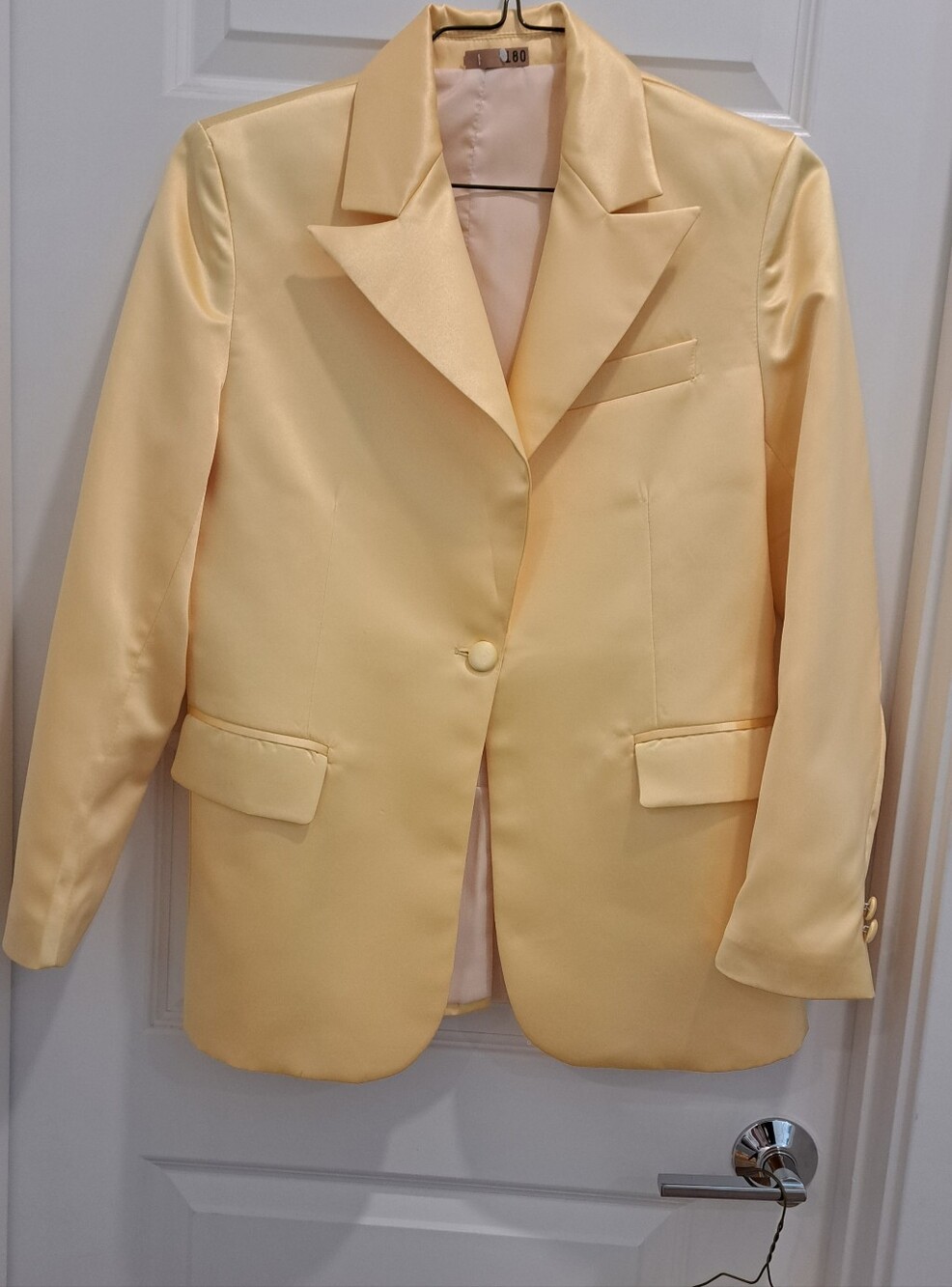 Womens Pale Yellow Single-Button Blazer Jacket,Pants and Top,satin Material